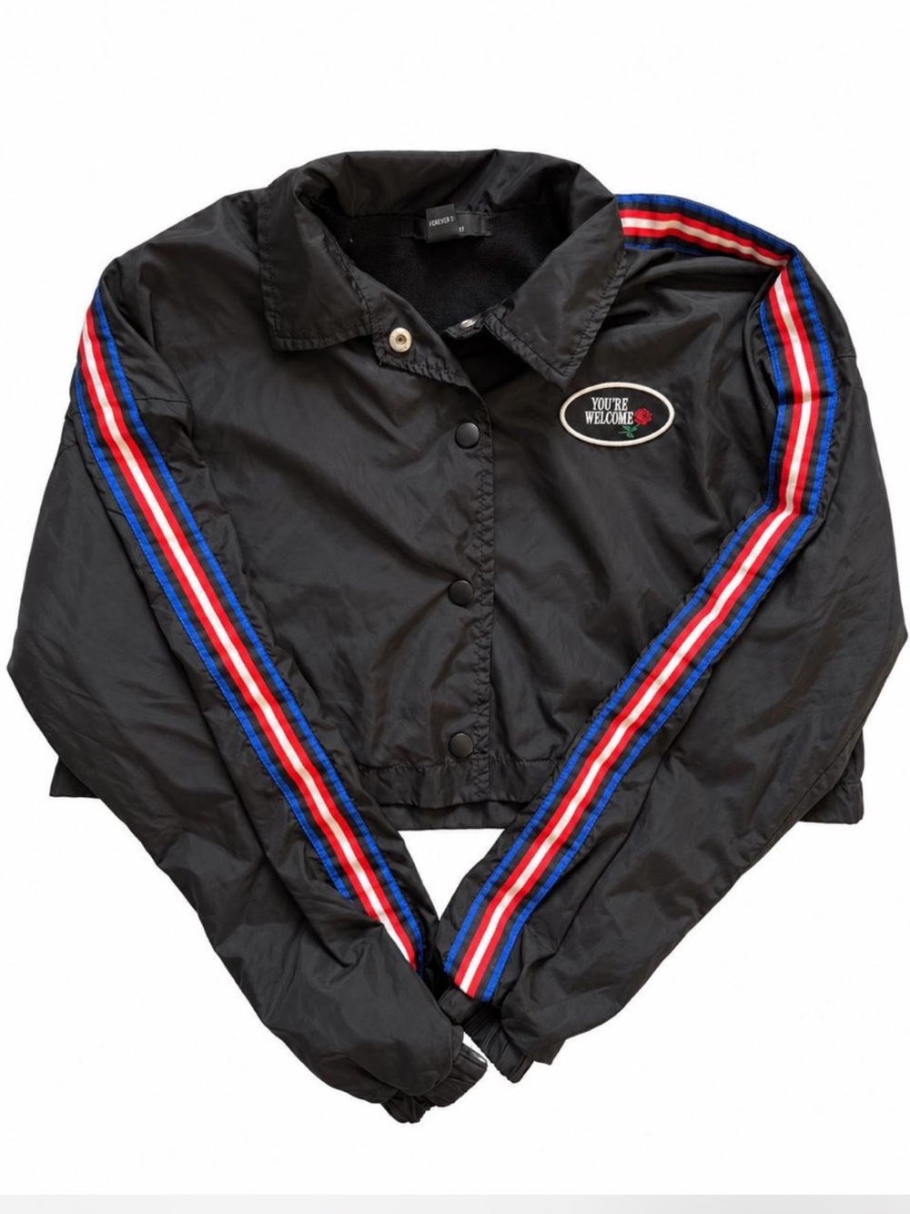 Forever 21 Black Cropped Varsity Jacket with Red-White-Blue Stripes